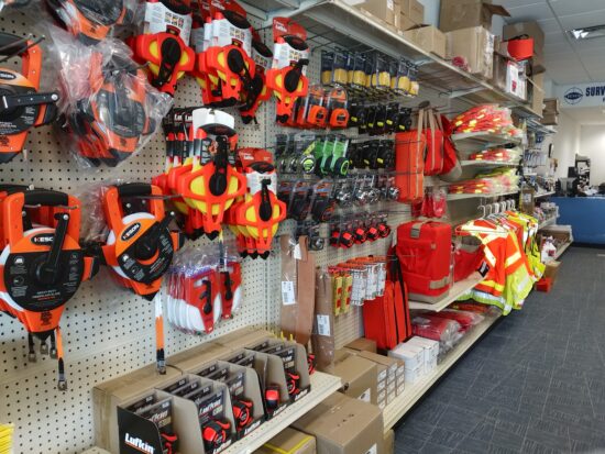 Image of brightly colored construction equipment on peg wall in Fairfax, Virginia