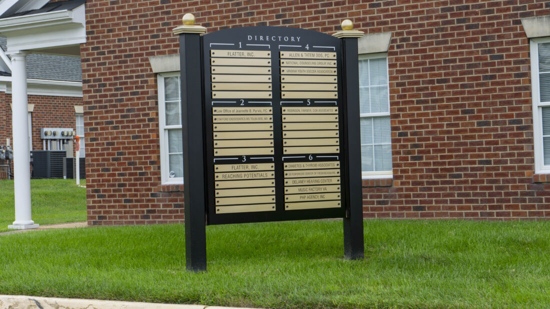 alt="Photo of black and gold exterior directory sign in Sposylvania, Virginia"