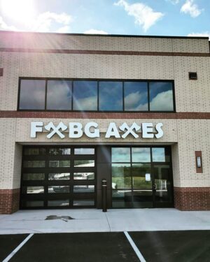 alt="Photo of white channel letter sign for axe throwing business in Spotsylvania, Virginia"