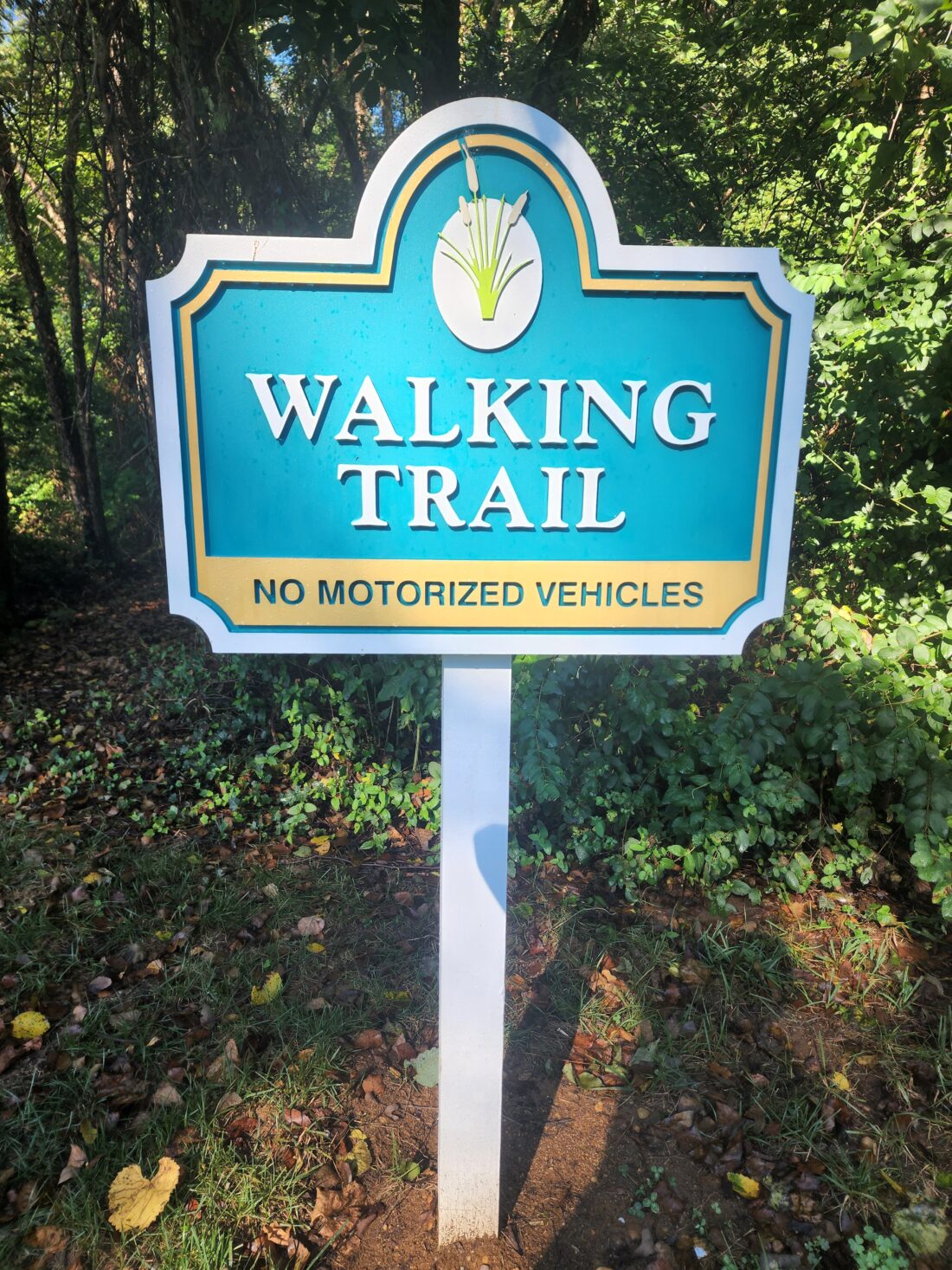 alt="Photo of teal and gold custom 3D HDU signs for walking trail in Sposylvania, Virginia"