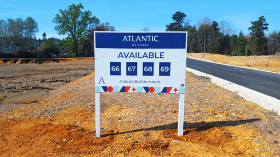 A commercial real estate sign advertising a property for Atlantic Builders, created by Distinct Sign Solutions (DSS).