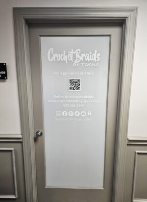 alt="Photo of frosted door with white graphics & qr code located in Spotsylvania, Virgina"