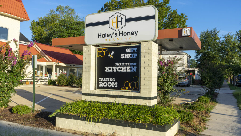 A monument, restaurant sign for Haley's Honey Meadery, installed by Distinct Sign Solutions in Fredericksburg, Virginia.