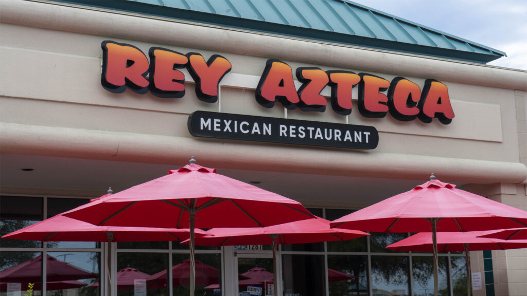 A vibrant channel letter, restaurant sign for Rey Azteca, Mexican Restaurant, created by Distinct Sign Solutions in Fredericksburg, Virginia.