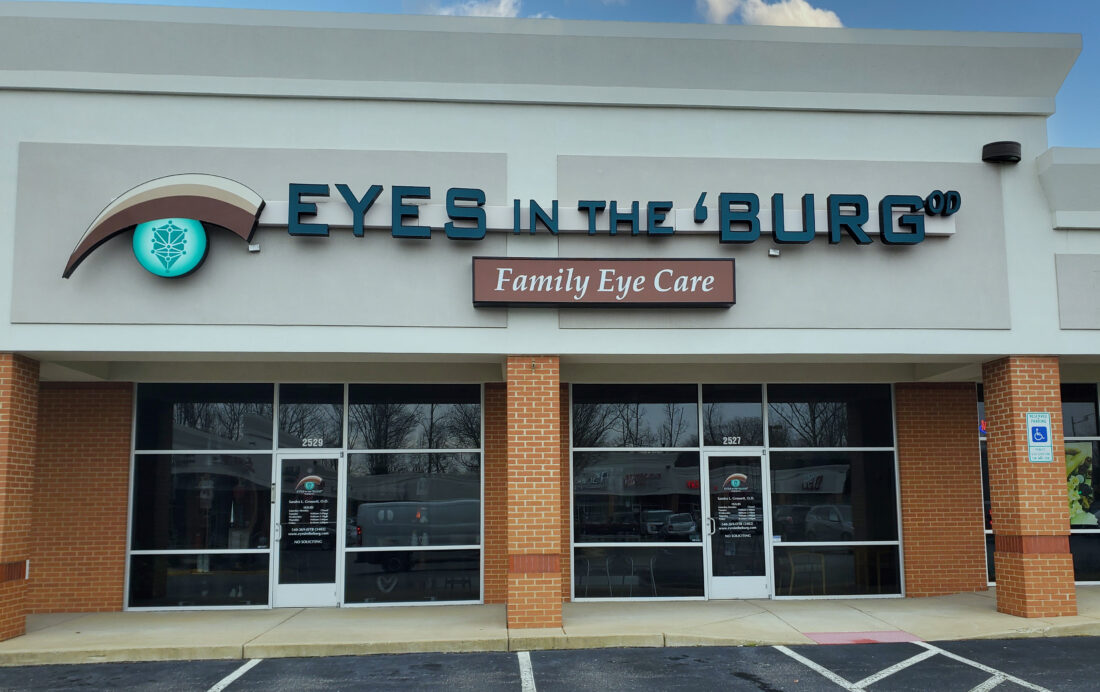 alt="Photo of channel letter sign with large eye logo, letters that say EYES IN THE 'BURG and a brown capsule saying Family Eye Care mounted to EIFS Wall located in Fredericksburg, Virginia"