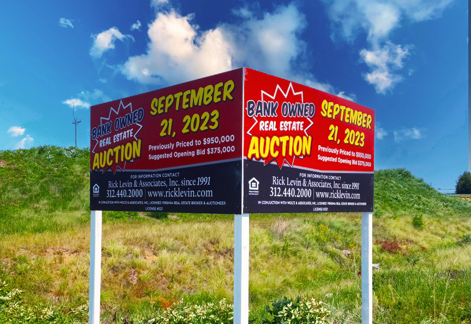 Eye-catching red and black roadside sign by Distinct Sign Solution announces a bank-owned real estate auction with a clear visual hierarchy. The date of the event is prominently displayed in large, bold typeface at the top, while contact information is neatly arranged below, demonstrating how structured information flow leads to an effective and informative sign design.