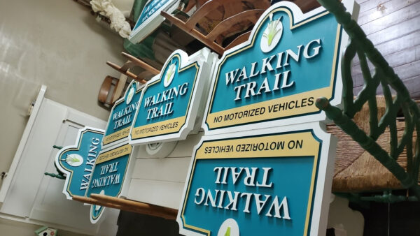 Multiple “Walking Trail” signs with “No Motorized Vehicles” directive, showcasing wayfinding signage by Distinct Sign Solutions in Fredericksburg, VA.