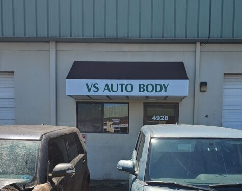 alt="Photo of brown & white awning displaying VS AUTO BODY on Valence located in Spotsylvania, Virginia"