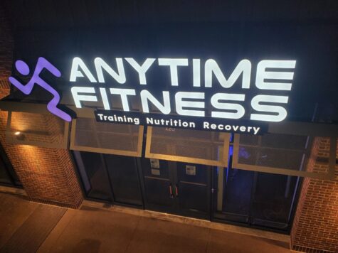 A nighttime view of the illuminated channel letter sign for Anytime Fitness in Stafford, VA, created by Distinct Sign Solutions in Fredericksburg, VA.