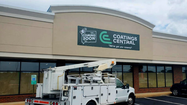 Large 'Coming Soon' banner for Coatings Central created using wide format printing by Distinct Signs in Spotsylvania, VA