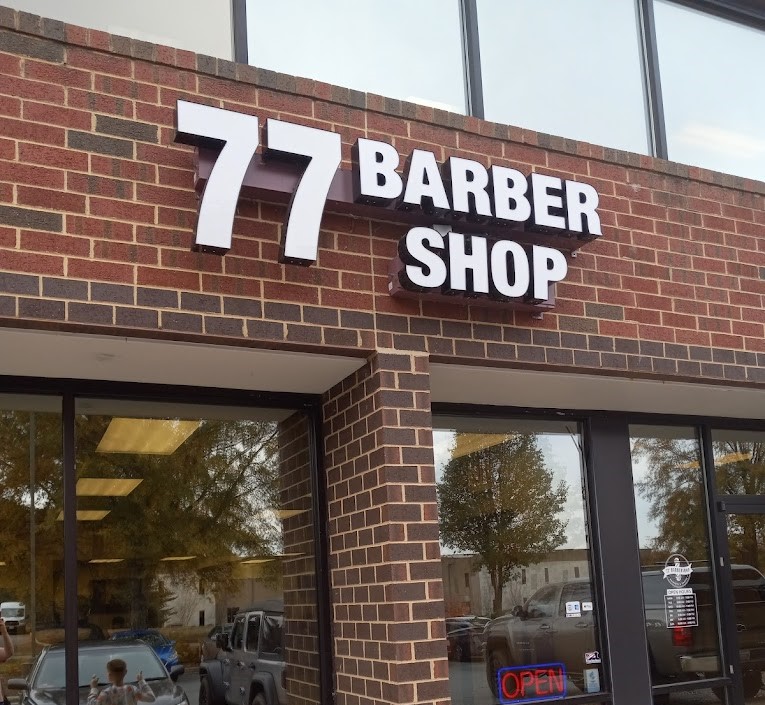 Photo of 77 Barber Shop Channel letter sign, located in Stafford, VA. Sign was manufactured & installed by Distinct Sign Solutions in Fredericksburg, VA