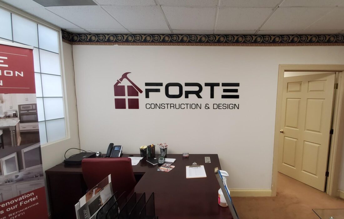 Photo of Acrylic Wall Sign for Forte Construction, located in Spotsylvania, VA. Sign was manufactured & installed by Distinct Sign Solutions in Fredericksburg, VA