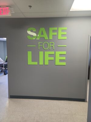 Photo of lime green acrylic wall sign mounted to drywall in Spotsylvania, VA. Sign was manufactured & installed by Distinct Sign Solutions in Fredericksburg, VA.