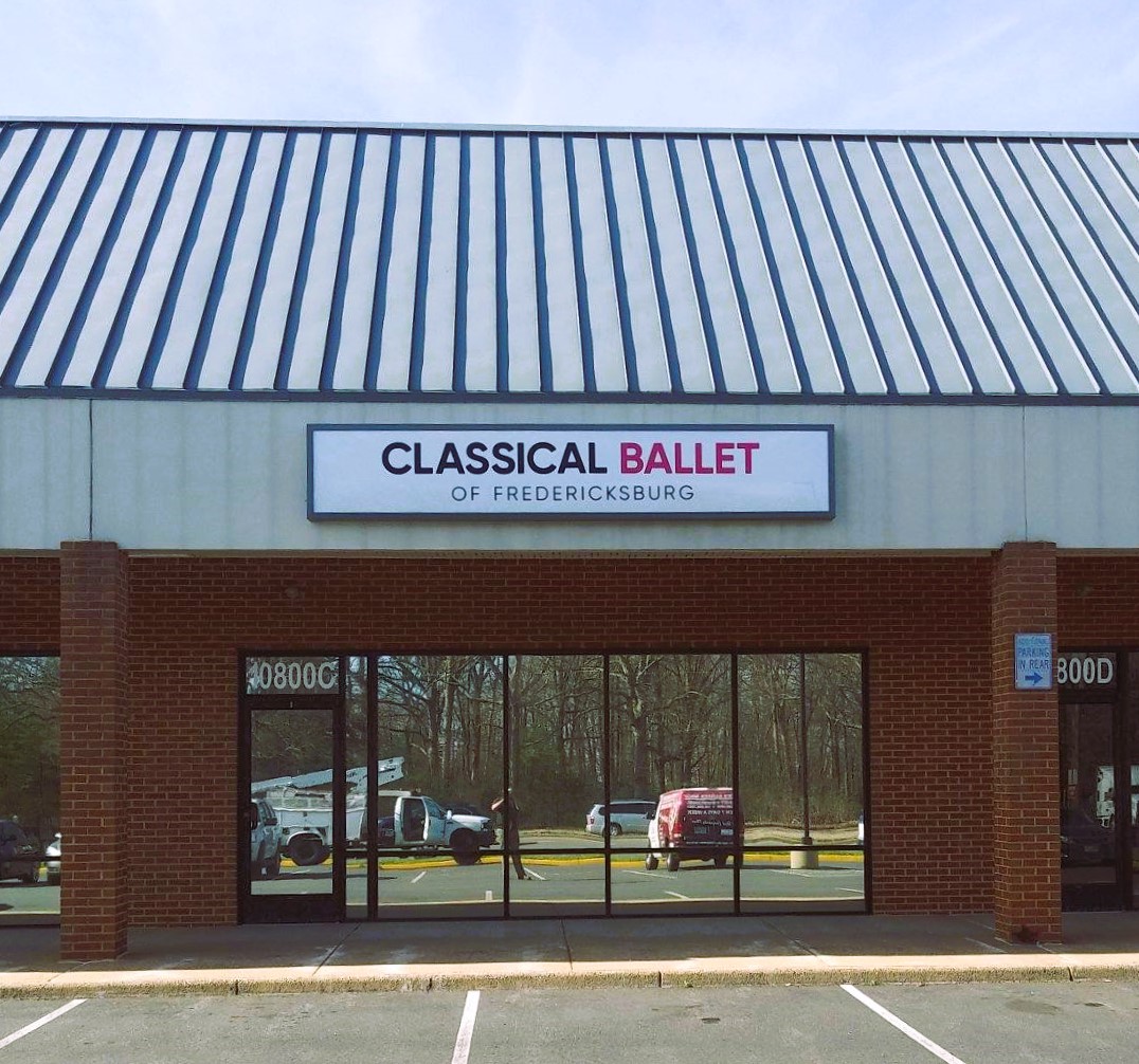 Photo of illuminated sign cabinet for Classical Ballet of Fredericksburg, located in Spotsylvania, VA. Sign was manufactured & installed by Distinct Sign Solutions in Fredericksburg, VA