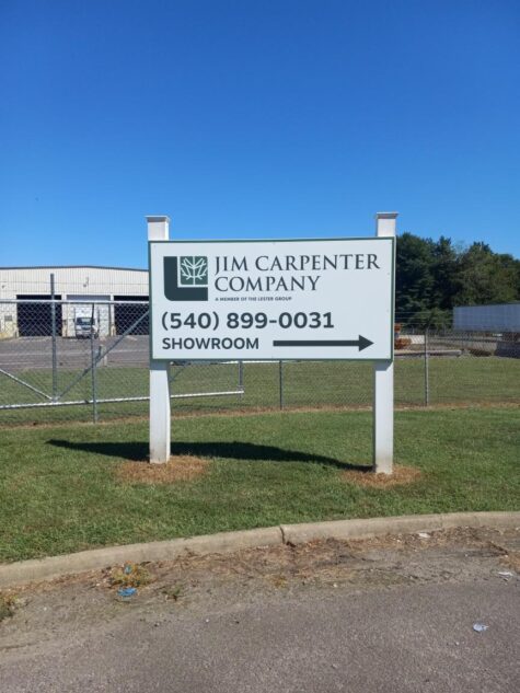 Photo of wayfinding post & panel sign for Jim Carpenter Company in Spotsylvania, VA. Sign was manufactured & installed by Distinct Sign Solutions in Fredericksburg, VA