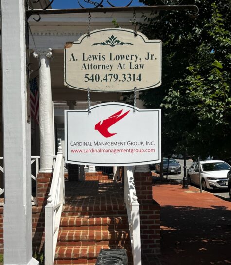 Photo of Cardinal Mangement Blade sign in Fredericksburg, VA. Sign was manufactured & installed by Distinct Sign Solutions in Fredericksburg, VA