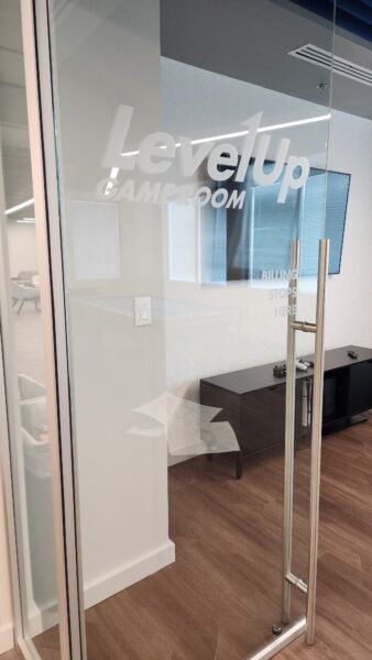 Level Up Room Frosted Vinyl Graphic for Glass Door in Alexandria, VA