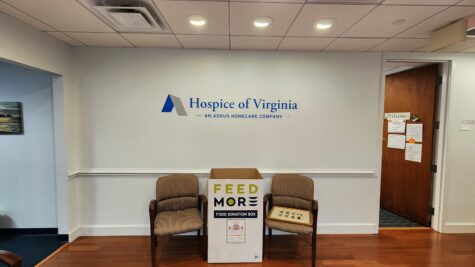 Photo of blue & gray vinyl graphic on drywall in medical office in Richmond, VA. Graphic installed by Distinct Sign Solutions in Fredericksburg, VA