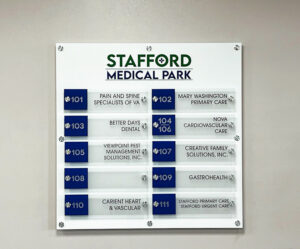 Photo of acrylic interior directory for medical office in Stafford, VA. Sign was manufactured and installed by Distinct Sign Solutions in Fredericksburg, VA