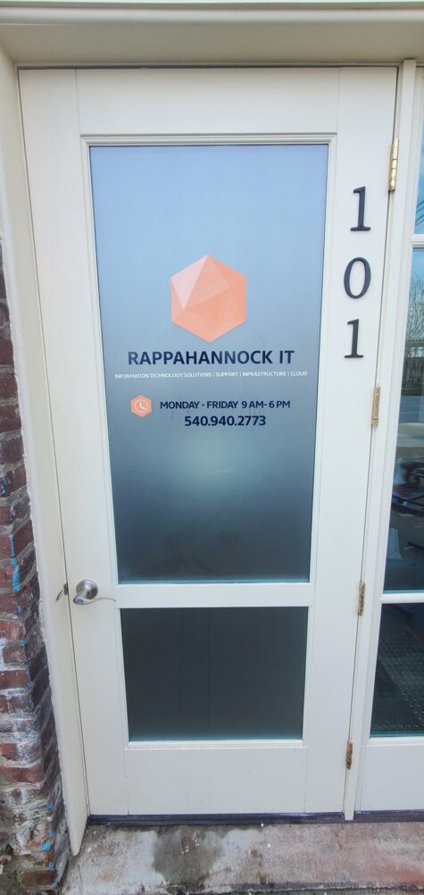 Photo of frosted & colored vinyl graphics on door in Fredericksburg, VA. Signs were manufactured & installed by Distinct Sign Solutions in Fredericksburg, VA