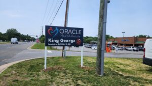 Photo of custom wayfinding sign for Oracle Heart & Vascular in King George, VA. Sign was manufactured & installed by Distinct Sign Solutions in Fredericksburg, VA