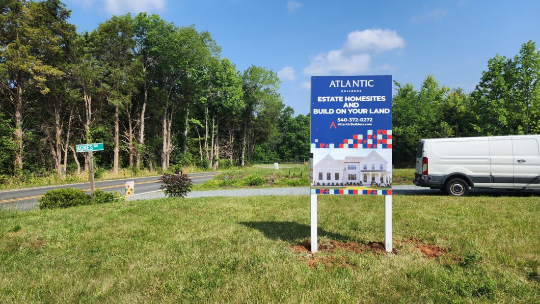 Photo of custom home builder sign for Atlantic Builders, located in Stafford, VA. Sign was manufactured & installed by Distinct Sign Solutions in Fredericksburg, VA