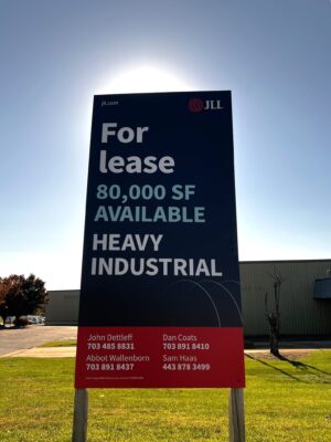 Photo of newly installed commercial real estate sign for JLL Mid Atlantic in Springfield, VA. Sign was manufactured & installed by Distinct Sign Solutions in Fredericksburg, VA