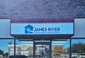 Photo of new awning panel for James River Health & Hospice, located in Spotsylvania, VA. Awning was completed by Distinct Sign Solutions in Fredericksburg, VA