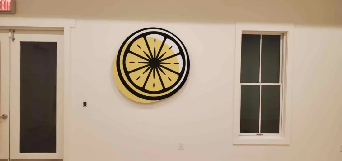 Photo of lemon logo wall sign mounted to Pilates Studio wall in Fredericksburg, VA. Sign was manufactured & installed by Distinct Sign Solutions in Fredericksburg, VA