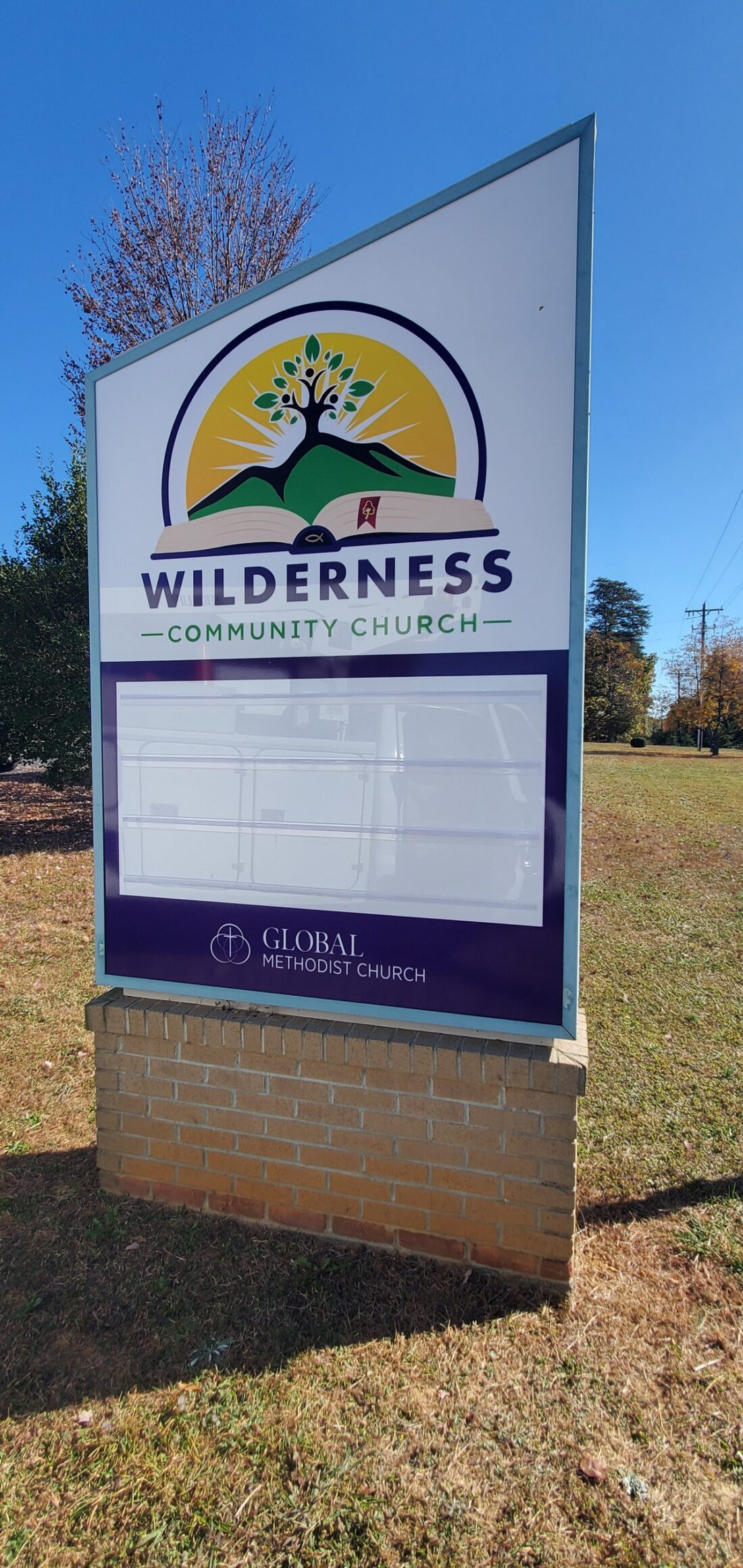 Photo of newly retrofitted monument sign for Wilderness Community Church, located in Locust Grove, VA. Sign was done by Distinct Sign Solutions in Fredericksburg, VA