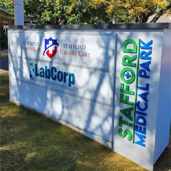 Monument sign for Stafford Medical Park, designed for quick tenant name changes and clear visibility.