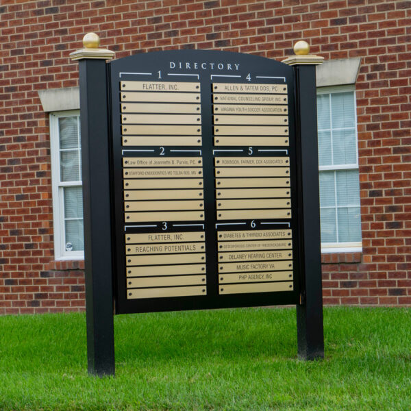 Professional outdoor directory sign for an office complex, designed for property managers to update tenant listings easily.