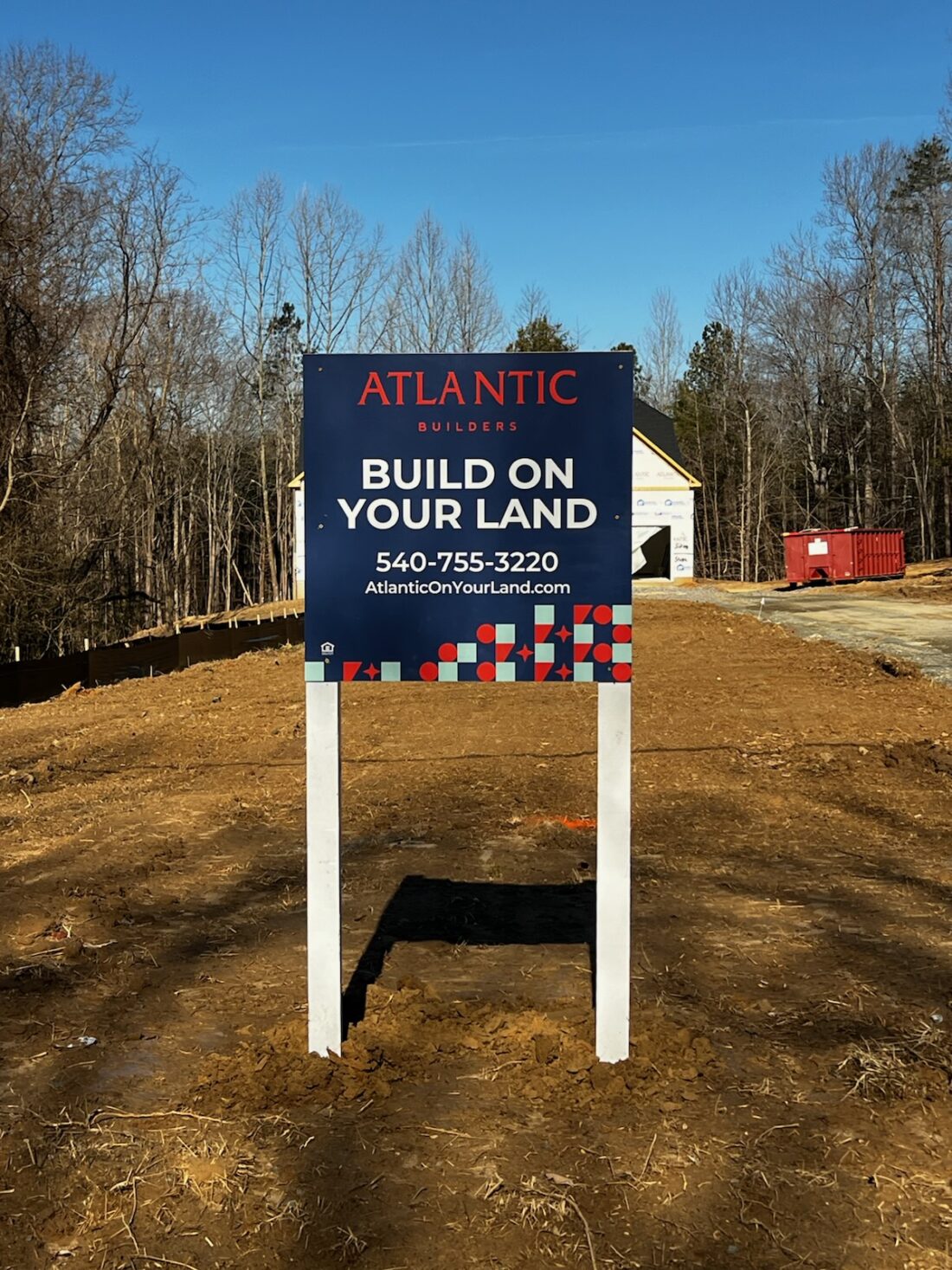 Photo of Atlantic Builders Build on Your Lot post and panel sign in King George, VA. Sign was manufactured & installed by Distinct Sign Solutions in Fredericksburg, VA