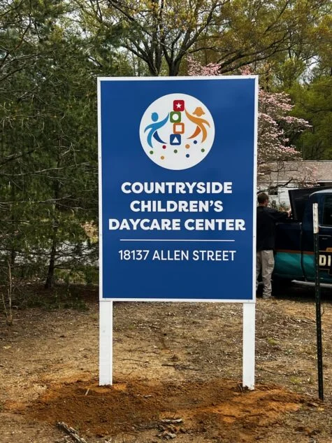 Photo of blue post & panel sign for Countryside Children's Daycare in Ruther Glen, VA. Sign was manufactured & installed by Distinct Sign Solutions in Fredericksburg, VA