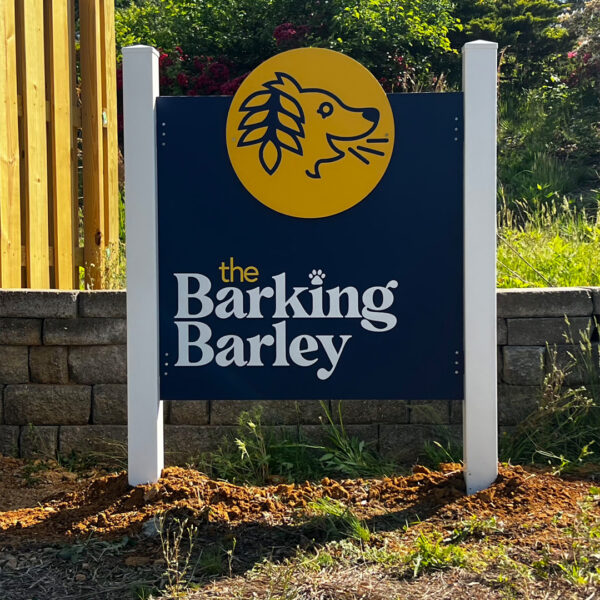 Post and panel sign for The Barking Barley installed by Distinct Sign Solutions in Fredericksburg, VA