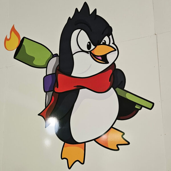 Custom penguin mascot wall graphic at Always Flavored, installed by Distinct Sign Solutions