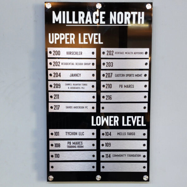 Interior directory panel listing suite numbers and tenant names at Millrace North