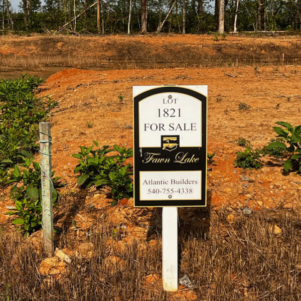 Atlantic Builders lot sign at Fawn Lake community advertising Lot 1821 for sale.