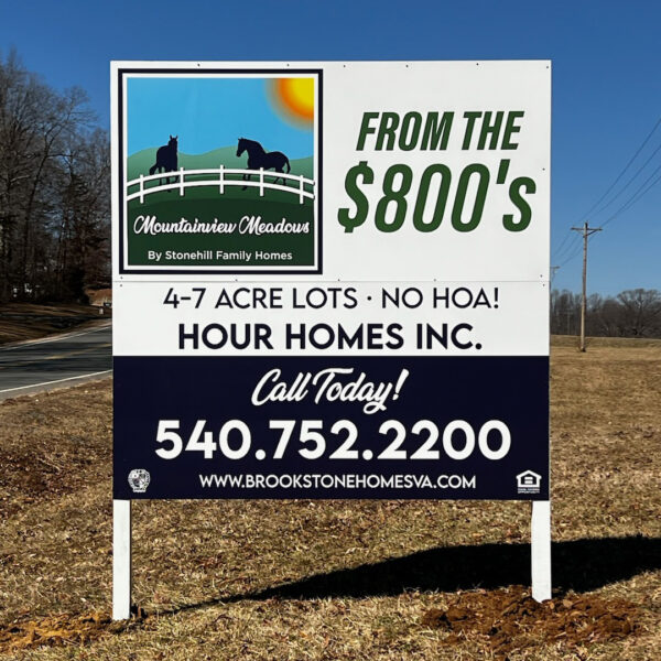 Brookstone Homes custom home builder signs for Mountainview Meadows highlighting 4 to 7 acre lots with no HOA.