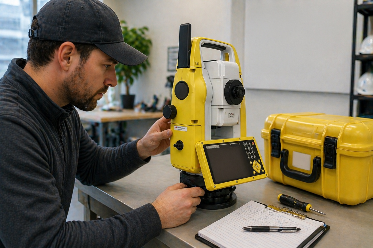 Man inspecting used surveying equipment on a workbench before purchase