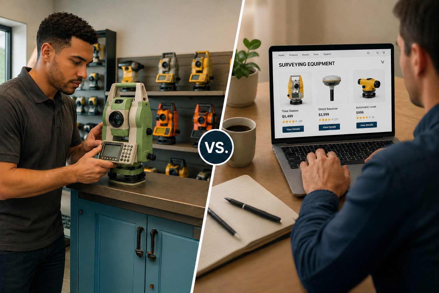 Surveyor inspecting total station at local shop while comparing surveying equipment for sale online on laptop