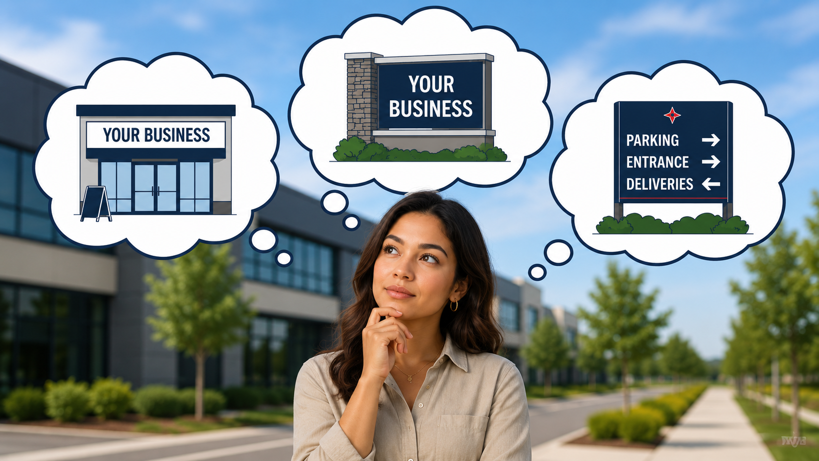 Mixed-race woman standing outside a commercial building while thinking through different signage solutions, with illustrated thought bubbles showing storefront signage, monument signage, and wayfinding signage options for a business.