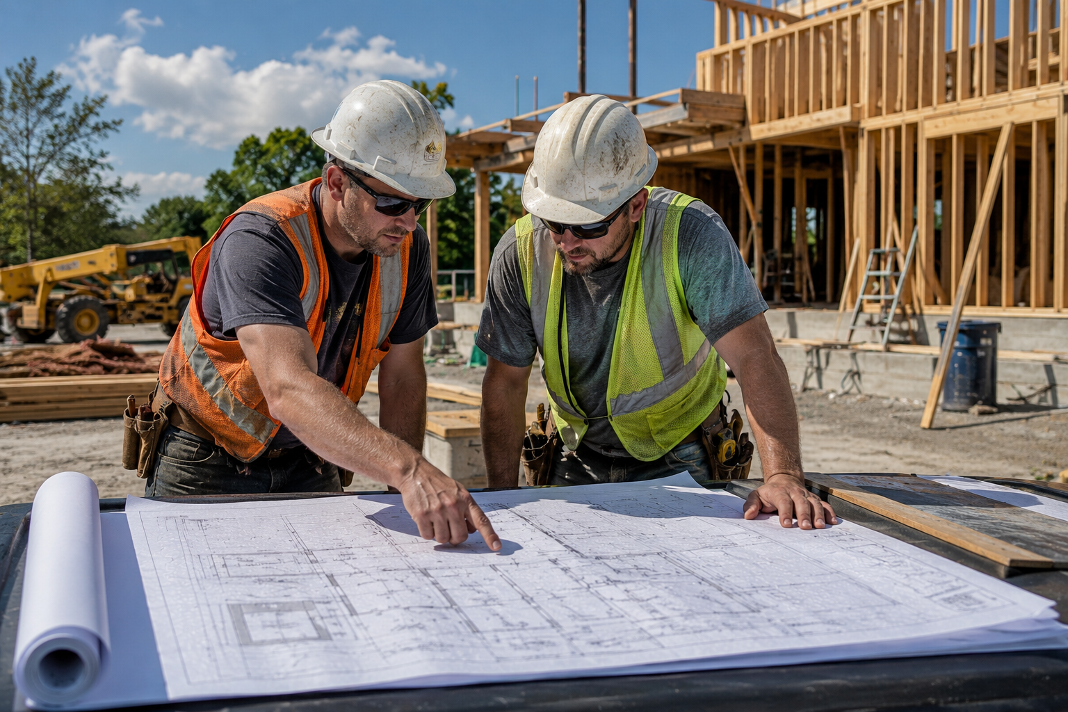 Two construction professionals review printed blueprints together on an active construction site before work begins.