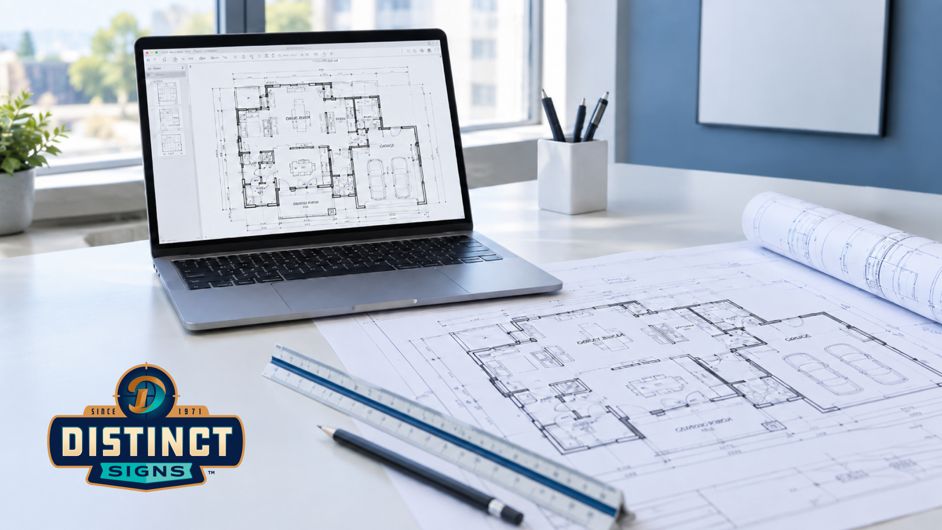 How to print a blueprint using a digital construction plan, printed blueprints, scale ruler, and Distinct Sign Solutions.